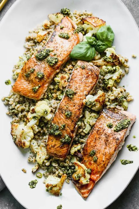 Salmon Cauliflower Recipes, Salmon And Cauliflower Recipes, Salmon And Cauliflower, Salmon Cauliflower, Salmon With Pesto, Valentine's Day Food, Crispy Salmon, Salmon Filets, 5 Ingredient Dinners