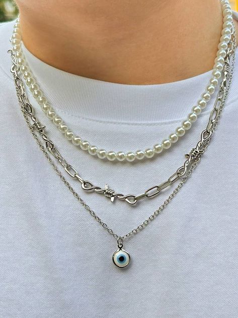 Color:Multicolor \nStyle:Punk \nStyle:Fashionable \nMaterial:Iron \nGender:Men \n Mens Stacked Necklaces, Men Wearing Necklaces, Street Wear Jewelry, Necklace Men’s, Pearl Chain Men, Men’s Necklaces, Men Necklace Aesthetic, Male Jewelry Aesthetic, Men’s Jewelry