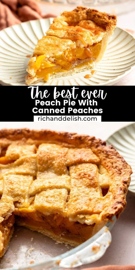 This delicious peach pie with canned peaches is made with a buttery and flakey pie crust and can be made all year round! Thanksgiving Peach Pie, Can Peach Pie Recipes, Canned Peach Pie Recipes Easy, Canned Fruit Pie Recipes, Canned Peaches Pie Recipes, Peach Pie Made With Canned Peaches, Peach Pie Filling With Canned Peaches, How To Make Peach Pie Filling From Canned Peaches, Peach Pie From Canned Peaches