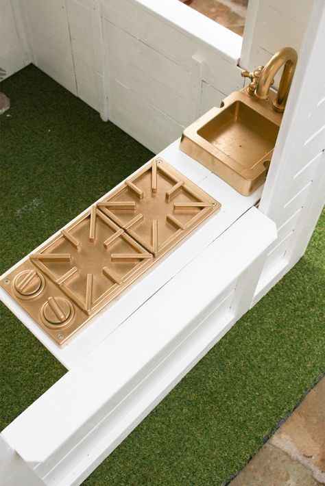 DIY Playhouse Makeover On A Budget - Showit Blog Diy Playhouse Kitchen Ideas, Backyard Discovery Sweetwater Playhouse Makeover, Diy Playhouse Accessories, Kid Kraft Playhouse Makeover Diy, Aspen Playhouse Makeover, Backyard Discovery Playhouse, Wood Playhouse Makeover, Backyard Discovery Playhouse Makeover, Small Playhouse Interior