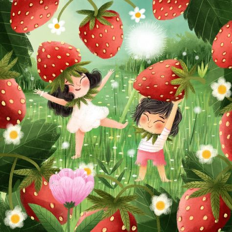 Berry Garden for #drawberrydays . I really love eating strawberries but drawing them is another matter. I never seem to be happy with the ones I draw. Same here haha and I kinda like my sketch better than the finished illustration. A day late as I was doing the meta boycott thing yesterday but really, I find it very easy not to post here at the moment! ANywayyy I hope you like this! And of course I forgot their strawberry leaf wings! 😂😢 . Swipe to see my sketch and the prompts from the lovely... Strawberry Garden Illustration, Strawberry Garden Drawing, Strawberry Illustration Cute, Strawberry Illustration, Strawberry Leaf, Leaf Wings, Berry Garden, Strawberry Leaves, Art Challenge