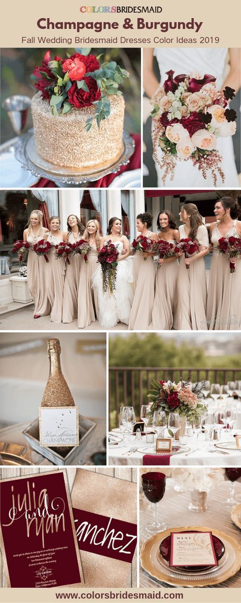 2019 fall wedding bridesmaid dresses color ideas, champagne bridesmaid dresses with wedding cakes, bouquets, invitations and table decorations in champagne and burgundy. #colsbm #bridesmaids #champagnedress #weddingideas #champagnewedding b909 Fall Wedding Bridesmaid Dresses, Fall Wedding Bridesmaids, Fall Wedding Color Palette, Wedding Color Combos, Dresses Yellow, Champagne Bridesmaid, Champagne Bridesmaid Dresses, Burgundy Bridesmaid, Champagne Dress