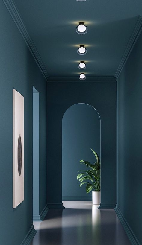 Walls Ceiling Same Color, Hallway Colorful, Hallway Color Ideas, Colorful Hallway, Hallway Wall Colors, Corridor Ideas, Earthy Living Room, Hallway Colours, Aesthetic Interior Design