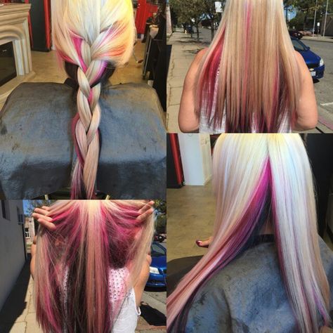 Pink, black, and blonde. Love my hair dresser.... she is amazing Blonde With Black And Pink Highlights, Blonde Pink Black Hair, Blonde Black And Pink Hair, Pink Black Blonde Hair, Black Pink And Blonde Hair, Pink Black And Blonde Hair, Blonde Pink And Black Hair, Hair Claim, Thick Highlights