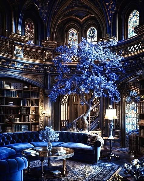 Ravenclaw Interior Design, Luxury Witch Aesthetic, Blue Library Aesthetic, Ravenclaw Common Room Aesthetic, Ravenclaw Room, Hogwarts Interior, Hogwarts Ravenclaw, Ravenclaw Common Room, Starry Ceiling