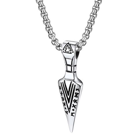 PRICES MAY VARY. 【Vikings Amulet Necklace】Gungnir Spear and Valknut symbols convey a divine feel, and runic inscriptions imbue the pendant with divine mystery. The sharp lines on the spear are meant to balance a Viking feel with a modern experience. The cool retro-style arrow pendant necklace enhances the wearer's personality and confidence while leaving a deep impression. 【Specifications】Viking pendant height: 2.08" (53mm) width: 0.59" (15mm); chain length*width: 22.04"(56cm)*0.15"(0.4cm). Colo Gungnir Spear, Viking Spear, Arrow Pendant Necklace, Spear Head, Head Necklace, Viking Pendant, Arrow Pendant, Mens Necklace, Norse Vikings