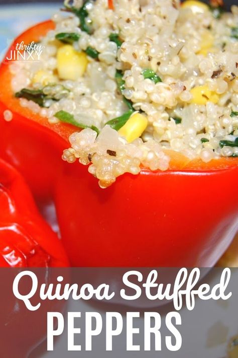 This Quinoa Stuffed Peppers recipe fills bright red peppers with quinoa, spinach, corn, cheese and herbs.   #quinoa #stuffedpeppers #peppers #vegetarian Stuffed Red Peppers, Quinoa Stuffed Peppers, Quinoa Spinach, Stuffed Peppers Recipe, Corn Cheese, Peppers Recipes, Veggie Sides, Red Peppers, Bright Red