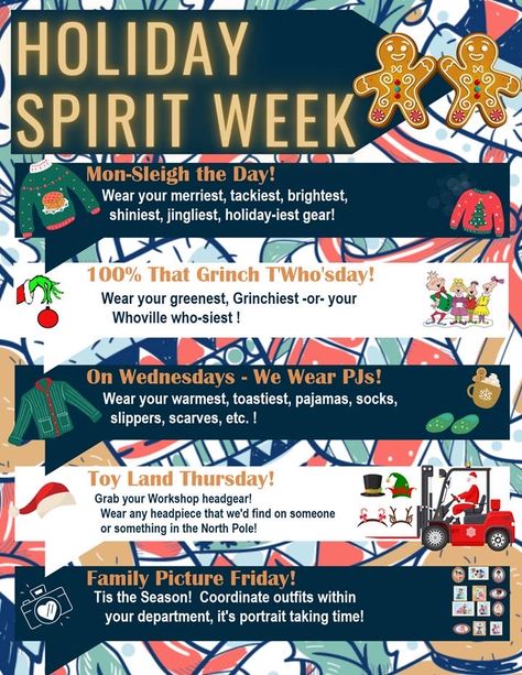 Winter Spirt Week Ideas, Daycare Christmas Spirit Week, Office Holiday Spirit Week Ideas, Teacher Christmas Spirit Week, December Spirit Days, Holiday Spirit Week Ideas School, Xmas Spirit Week, Spirit Week Christmas Ideas, Christmas Themed Spirit Week