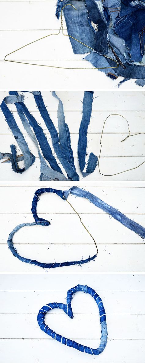 How to make a rustic denim heart wreath for your home by upcycling your old jeans and a wire coat hanger. This is a no sew project. Easy Plastic Bottle Crafts, Denim Hearts, Denim Wreaths, Återvinna Jeans, Recycling For Kids, 70s Theme, Denim Party, Denim Wedding, Denim Crafts Diy