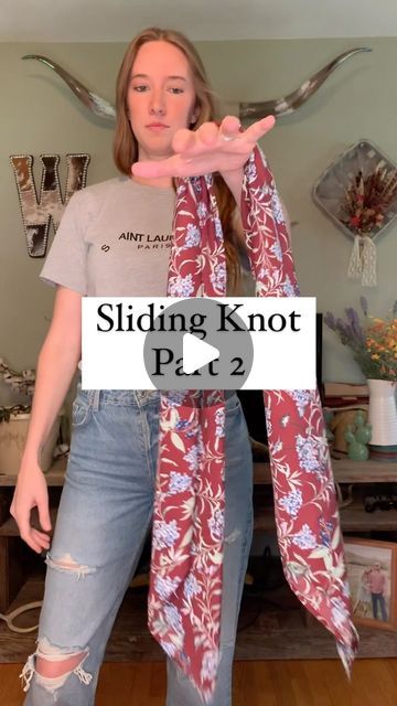 Mikayla Woodzell- WranglinRags on Instagram: "How to: Tie a sliding knot- part 2 I showed you guys one way to tie this knot and here is a different way to get the same result! Which way do you find easier? #wildrag #wranglinrags #wildragtutorial #westernwear #westernstyle #westernlifeandstyle" How To Tie Western Neck Scarf, How To Tie Western Style Scarf, Tying Wild Rags, How To Tie A Western Scarf, How To Tie A Wild Rag Scarf, How To Tie Wild Rags, How To Tie A Wild Rag, Double Sliding Knot, How To Tie Bandana