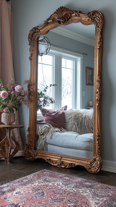 Big Antique Mirror, Small Space Look Bigger, Big Mirror In Bedroom, Illusion Of Space, Mirror Antique, Romantic Aesthetic, Big Mirror, Large Wall Mirror, Bedroom Renovation