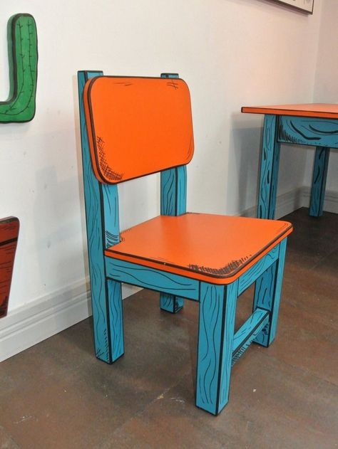 Comic Book Furniture, Cartoon Style Painted Furniture, Comic Book Decorations, Funky Chairs Bedroom, Cartoon Painted Furniture, Eclectic Furniture Diy, Comic Furniture, Cool Furniture Creative, Wacky Furniture