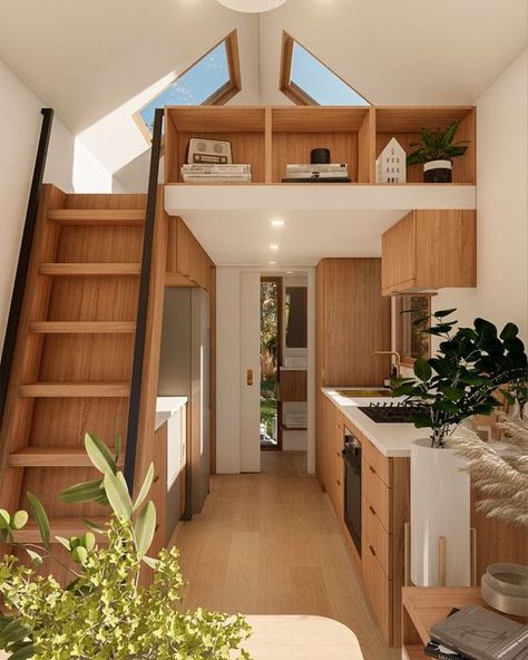 Tiny House 2 House Design Simple Interiors, Tiny Loft Apartment Small Space Living, Small Housing Architecture, Tiny Houses Interior Design, Tiny Home Skylight, Minimalistic Tiny House, Tiny Minimalist House, Natural Light House Design, Small Loft House Design Tiny Homes