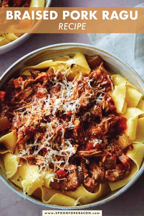 Braised Pork Ragu, Ragu Pappardelle, Pappardelle Pasta Recipe, Pappardelle Recipe, Ragu Pasta, Lamb Ragu, Pork Ragu, Slow Cooker Lamb, Spoon Fork Bacon