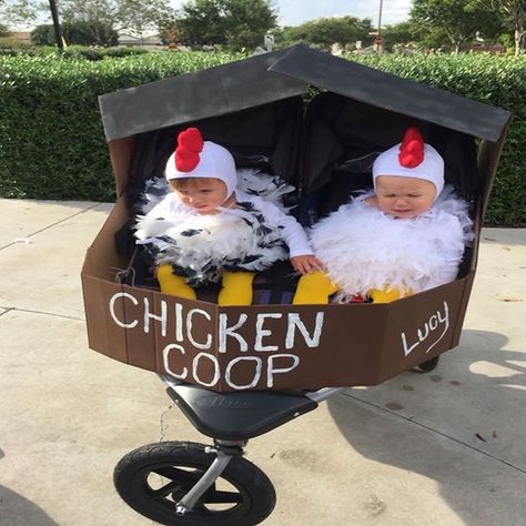 Great costume idea for your little human chickens! #chickens #costume #halloween #chickencostume #dressup Chicken Coop Stroller Halloween, Chicken Coop Halloween Costume, Chicken Coop Costume, Chicken Coop Wagon Halloween, Chicken Coop Wagon, Hen Costume, Stroller Halloween, Halloween Wagon, Stroller Halloween Costumes