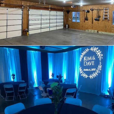 Home Wedding Setup Made Easy: Turn Any Space into a Wedding Venue! Event Venue Ideas, Canned Lights, Wooded Wedding, Home Wedding Ideas, Diy Photobooth, Wedding Makeover, Garage Party, Pipe And Drape Backdrop, Wedding Singer