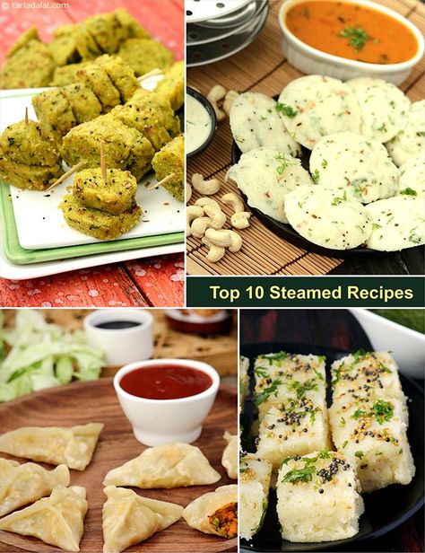 Steamed snacks for good health | TarlaDalal.com | #104 Steamed Food Recipes, Steamed Wontons, Steamed Recipes, Kothimbir Vadi, Mini Food Appetizers, Moong Sprouts, Steamed Food, Rava Idli, Khaman Dhokla