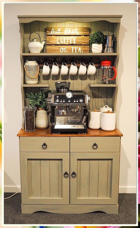 Looking to create a cozy coffee nook at home? Check out these 9 home coffee bar ideas to transform your space into a stylish and functional area for your daily caffeine fix. From minimalist designs to rustic setups, find inspiration to elevate your coffee game at home. Coffee Tea Bar Hutch, Kitchen Dresser Coffee Station, Farmhouse Coffee Bar Cabinets, Kitchen Hutch Coffee Bar, Dresser Coffee Station, Coffee Hutch Diy, Coffee Station Hutch, Hutch Coffee Bar Ideas, Dresser Into Coffee Bar