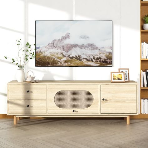 TV Stands Farmhouse Tv Cabinet, Boho Tv Stand, Boho Tv, 70 Inch Tv, Tv Media Console, Rattan Door, Media Console Table, Farmhouse Cabinets, Modern Entertainment Center