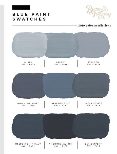 Which Sherwin-Williams paint colors will be the most popular in 2019? Sarah from @roomfortuesday has her colorful picks. These beautiful blues are just the beginning. Click through to see her predictions for green, black and gray, warm and moody, neutral, white and even wildcard bold paint colors! BONUS: Get her tried and true painting tips, too. #sherwinwilliams #paintcolors #predictions #colorinspiration #SWColorLove Bold Paint Colors, Blue Gray Paint, Gray Paint, Blue Paint Colors, Exterior Paint Colors For House, Sherwin Williams Paint Colors, Paint Swatches, Bedroom Paint Colors, Interior Paint Colors