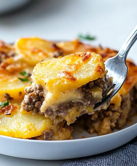 Easy Hamburger Potato Casserole Recipe - Hamburger Au Gratin Casserole, Hamburger Casserole Recipes Potato, Sliced Potatoes And Hamburger Casserole, Baked Potatoes Ground Beef, Easy Hamburger And Potato Casserole, Hamburger Meat Recipes With Potatoes, Ground Hamburger And Potato Recipes, Easy Hamburger Potato Casserole, Hamburger And Potatoes Casserole