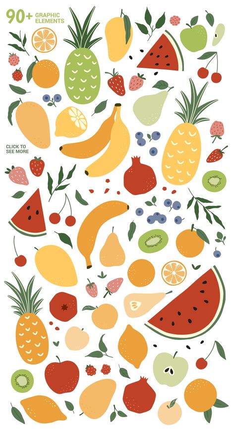 Juicy Fruits by simpleblues on @creativemarket Drawing Fruit, Tropical Illustration, Fruit Cartoon, Fruit Vector, All Elements, Fruit Illustration, Webpage Design, Animal Graphic, Juicy Fruit