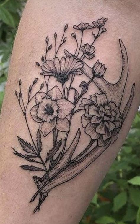 Women Antler Tattoo, Deer Shed Tattoo, Tattoo Ideas Female Hunting, Western Neck Tattoos Women, Deer Antler Sleeve Tattoo, Deer Skull And Flowers Tattoo, Women Hunting Tattoos, Antler Floral Tattoo, Country Themed Tattoos For Women