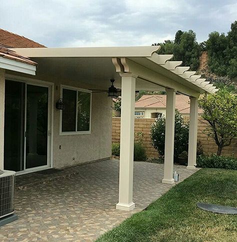 Solid alumawood patio cover with square fiberglass columns #columns #patiocovers #aluminumpatiocover #alumawood Adding Pergola To Existing Covered Patio, Aluminum Porch Columns, Pergola Extended From Covered Patio, Aluminum Patio Cover Makeover, Metal Patio Covers, Alumawood Patio Covers, Patio Roof Extension Ideas, Fiberglass Columns, Aluminum Patio Covers