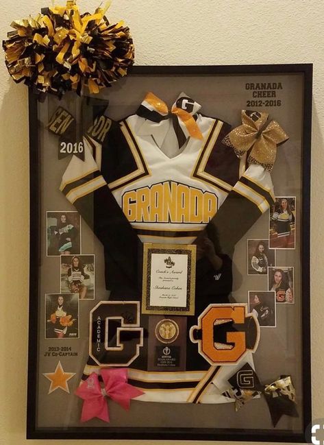 Cheer Uniform Display Ideas, Cheer Memory Ideas, Framed Cheer Uniform, Senior Cheer Shadow Box Ideas, Cheer Shadow Box Ideas Gifts, Cheerleader Shadow Box Ideas, Cheer Wall Ideas, Cheer Decorations Room, Cheerleading Shadow Box Ideas