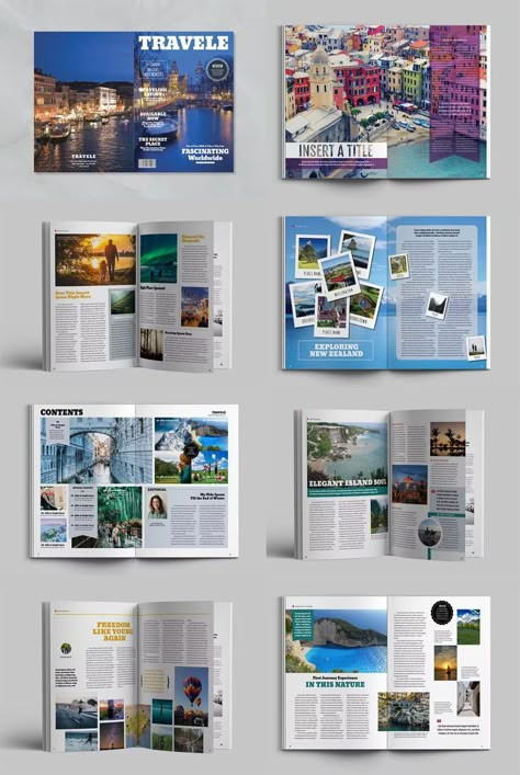 Traveling Magazine Template INDD, IDML. 26 pages. Travel Magazine Design, Travel Magazine Layout, Magazine Page Design, Itinerary Design, 잡지 레이아웃, Indesign Magazine, Page Layout Design, Book And Magazine Design, Custom Flyers