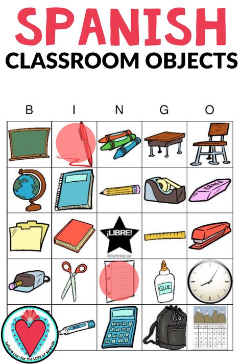 Learn 24 classroom objects / school supplies in Spanish! Have fun teaching classroom vocabulary with this fun Spanish game. Includes 40 printable bingo cards with 24 vocabulary words in Spanish and word list. Students LOVE playing bingo. Great game for reviewing, the last minutes of class, days with schedule changes & Fun Fridays. Use with elementary, middle school or high school Spanish classes. Includes English call list for playing in ESL ELL EFL classrooms Classroom Objects Worksheet, School Supplies In Spanish, Classroom Vocabulary, Love Bingo, Classroom Objects, Printable Bingo Cards, Listening Activities, Spanish Games, Middle School Spanish