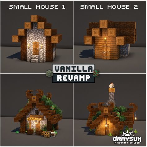 Small houses revamped from minecraft taiga villages Minecraft Acacia Village Ideas, Minecraft Village Additions, Minecraft Mini Village Ideas, Minecraft Villager Ideas Houses, Revamped Villages In Mc, Tiny Homes Minecraft, Redesigned Minecraft Village, Villager House Minecraft Small, Minecraft Spruce House Ideas Survival