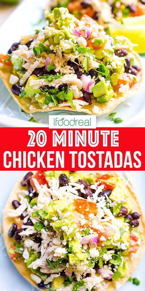 Easy Chicken Tostadas with simple ingredients in 20 minutes. Tostada is tasty, healthy and quick dinner if you make it at home. #ifoodreal #cleaneating #dinner #chicken #tostada #chickenbreast #healthy Tostadas Recipe, Chicken Beans, Chicken Tostadas, Quick Healthy Dinner, Easy Guacamole, Healthy Mexican, Mexican Chicken, Family Eating, Healthy Dinner Recipes Chicken