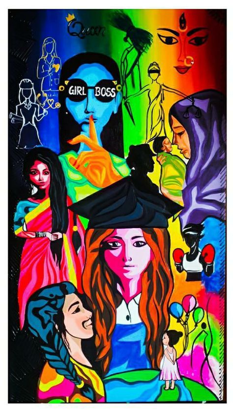 Acrylic painting On canvas.(Women empowerment) Poster Drawing For Womens Day, Women Empowerment Art Paintings, Painting For School Magazine, Painting Ideas For Women's Day, Poster Making On Women Empowerment, Poster Painting On Women Empowerment, Rangoli On Women Empowerment, Posters On Women Empowerment, Womens Day Painting Ideas