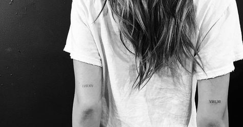 Roman Numeral Back Of Arm Tattoo, Tricep Tattoo Placement, Roman Numeral Tattoo Behind Elbow, Back Of Arm Tattoo Roman Numerals, Roman Numeral Date Tattoo Arm, Back Arm Above Elbow Tattoo, Roman Numeral Tattoo Placement Arm, Significant Date Tattoos, Tricep Roman Numeral Tattoo