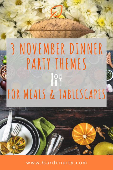 We’ve come up with 3 November specific dinner party themes, including decor and recipes, that’ll have your guests in awe of your hosting capabilities. #holidays #holiday #xmas #thanksgiving #christmas #dinner #family #recipe #yum #yummy #decor #interiordecor #holidaydecor November Dinner Party, Themed Thanksgiving Dinner, November Dinner, Supper Club Theme, Holiday Party Menu, Dinner Party Ideas, Dinner Centerpieces, Holiday Hosting, Adult Party Themes