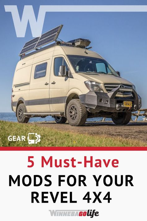 5 must-have mods for your Winnebago Revel 4x4! Now that you have an off-road vehicle, what mods do you need to take it to the next level? Check out our list of modifications that will have a huge impact on your experience living the van life. Solar, storage, and shelves on your wish list? We give you a complete breakdown of cost and time for these DIY rv projects. Fulltime rv living is an adventure and you'll be ready for it. #WinnebagoLife #Revel4x4 #DIYVanLife #VanLife #RVLife #RVLiving Revel Van, Winnebago Revel, Travel Trailer Accessories, Rv Gear, Rv Mods, Best Rv Parks, Backpacking Meals, Van Storage, Sprinter Van Conversion