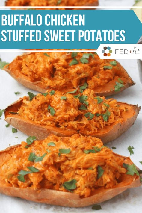 These twice baked buffalo chicken stuffed sweet potatoes are the perfect easy Paleo dinner! Baked sweet potatoes are scooped out of their shells, mashed with buffalo sauce and chicken, then scooped back in and baked to crisp perfection for a meal that would also be a delicious gluten free appetizer for game day! #glutenfree #paleo #cleaneating Buffalo Chicken Stuffed Sweet Potatoes, Easy Paleo Dinner, Gluten Free Appetizer, Shredded Chicken Crockpot, Fed And Fit, Twice Baked Sweet Potatoes, Paleo Meal Prep, Baked Buffalo Chicken, Baked Sweet Potatoes