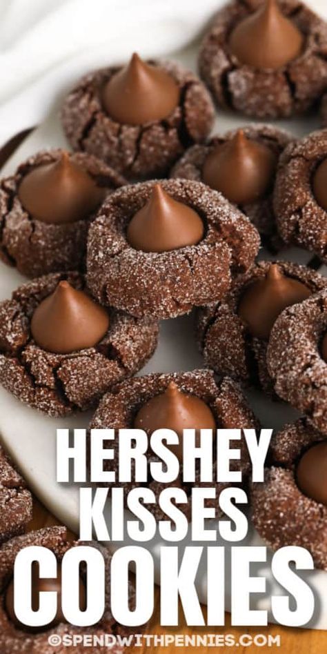 Hershey Recipes, Chocolate Kiss Cookies, Hershey Kiss Cookies, Recipe Cookies, Thumbprint Cookies Recipe, Kiss Cookies, Chocolate Sugar Cookies, Hershey Kiss, Easy Holiday Recipes