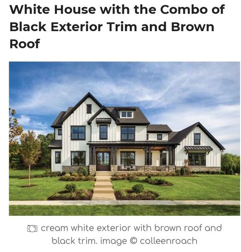 Home With Brown Roof, House Exterior With Brown Roof, Exterior With Brown Roof, White House Brown Trim, Grey Homes, Brown Roofs, White With Black Trim, Brown Roof, Grey Home