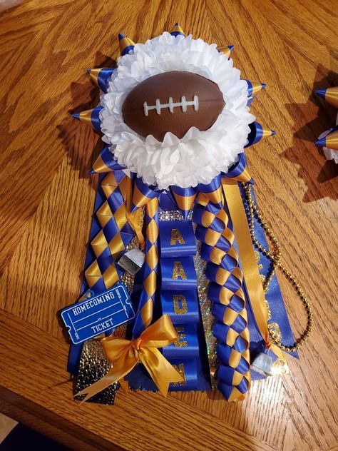 Football royal blue gold homecoming garter mum Garter Mums Homecoming For Boys, Garter Ideas Homecoming, Mum Garters For Guys, Mums For Boys, Garter Mum, Mum Ideas, Homecoming Garter, Homecoming Mums Diy, Homecoming Ideas