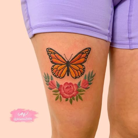 Colorful Rose Tattoos, Fernanda Ramirez, Unique Wrist Tattoos, Mexican Tattoo, Embroidery Tattoo, Tatoo Inspiration, Butterfly Tattoos For Women, Special Tattoos, Mommy Tattoos