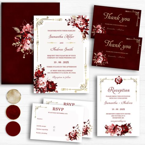 Black and Burgundy Wedding Invitations, Wedding invitations Burgundy boho, Burgundy Rustic wedding invitations #1600  TRY BEFORE YOU BUY!  Demo this item now! Copy and paste the URL below to demo: https://www.corjl.com/d/2MH2KP WHAT IS IT ★★ Ipg/pdf files: 1) One-Sided 5x7 Invitation 2) RSVP 5 x 3,5 3) Thank you 5 x 3,5 4) Reception 3,5 x 5 5) Texture for the backside  Detailed instructions from Corjl Buy one, print as many as you need at the location of your choice! Access your self-editable te Burgundy And Marsala Wedding, Wedding Invitation Cards Burgundy, Winter Wedding Invitations Burgundy, Burgundy And Gold Wedding Invitations, Olive Green And Burgundy Wedding, Maroon And Grey Wedding, Rose Gold And Burgundy Wedding Theme, Burgundy And Gold Wedding Reception, Champagne And Burgundy Wedding