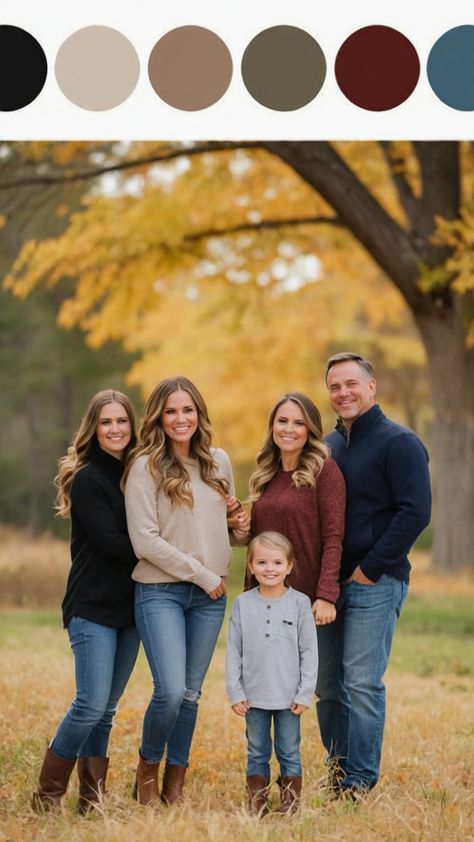 Looking for the perfect fall family picture outfit ideas in 2024 Check out these casual and cozy suggestions for your outdoor photoshoot From classic denim and black to trendy olive green and neutral tones we have plenty of stylish options for everyone Mom's best mustard yellow accessories will add a pop of color to your family ensemble Schedule your session now for picture-perfect memories Green And Blue Fall Family Photo Outfits, 2024 Fall Family Pictures, Family Photo Outside Fall, Fall Family Of 5 Photoshoot, Maroon Fall Family Photos, Family Photo Fall Color Scheme, Colors To Wear For Fall Family Pictures, Fall Outfit Ideas For Family Photos, Family Picture Pallet Color Schemes