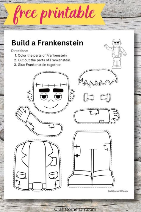 build a frankenstein craft Preschool Frankenstein Craft, Build A Frankenstein Printable, Frankenstein Bulletin Board Ideas, Frankenstein Project High School, Frankenstein Craft Preschool, Frankenstein Crafts For Toddlers, Frankenstein Crafts Preschool, Free Printable Halloween Crafts, Frankenstein Activities