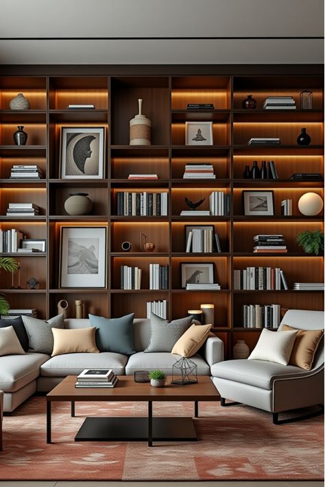 Stylish living room featuring curated geometric shelving Wall To Wall Shelves Living Room, Decorating Bookshelf Ideas, Home Library Minimalist, Home Library Lounge, Interesting Bookshelves, Living Room Library Wall, Bookcase Styling Ideas, Book Shelves In Living Room, Wall To Wall Bookshelves