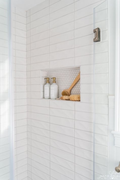 Small master bathroom makeover on a budget that looks high end! Kids Bathroom Shower, Bathroom Makeover On A Budget, Small Bathroom Renos, Bathroom Makeover Ideas, Diy Tile Shower, Small Master Bath, Home Depot Bathroom, Shower Floor Tile, Master Shower