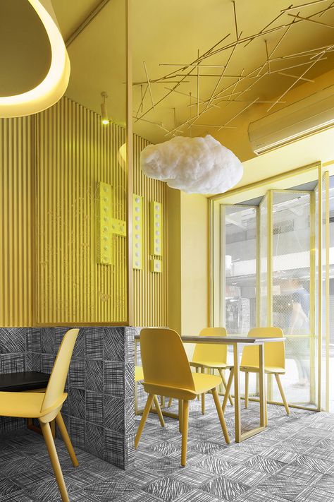 construction union has designed an eye-catching interior for the hi-pop tea restaurant in china, defined by nostalgia inducing scribbles. Tour Website, Peter Dunham, Diner Restaurant, Design Café, Room Decor Living Room, Yellow Room, Coffee Shops Interior, 카페 인테리어 디자인, Yellow Interior