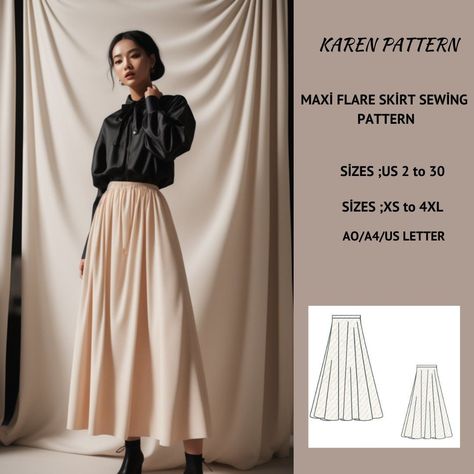 Maxi flare Skirt Sewing Pattern,Ladies Size ; US 2 to 30, A0 -A4 -US Letter A Line Skirt Pattern Free Maxi, Pleated Maxi Skirt Sewing Pattern, Sewing Patterns Skirt Free, Flowy Skirt Pattern Free, Cottagecore Skirt Pattern, Sewing Maxi Skirt, Maxi Skirt Sewing Pattern Free, Maxi Skirt Pattern Sewing, Sew Maxi Skirt