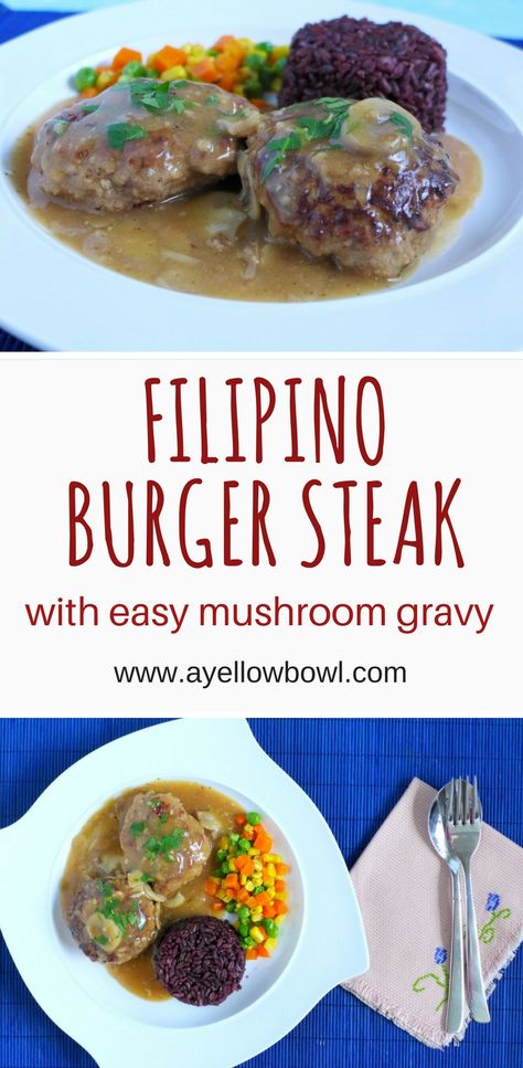 Make this beloved Filipino burger steak with an easy mushroom gravy. This recipe rivals the famous Jollibee burger steak. Serve with lots of rice and some buttered vegetables. #filipinorecipe #burgersteak Jollibee Burger Steak, Burger Steak Recipe, Beef Burger Patty Recipe, Jollibee Burger, Easy Mushroom Gravy, Best Hamburger Patty Recipe, Burger Patty Recipe, Mushroom Burger Recipe, Burger Steak